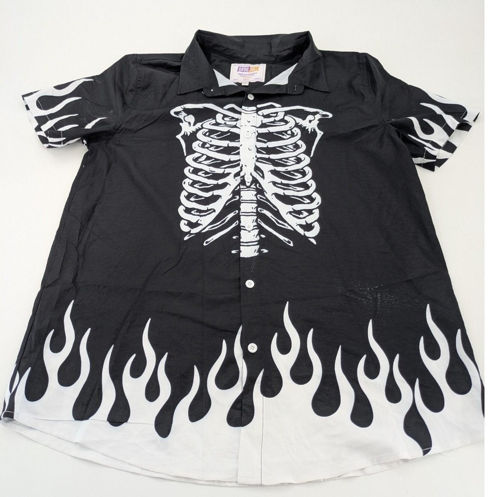 Arvil Hill Skeleton Flame Shirt Mens Large Black Button Up Goth Grunge Punk Emo